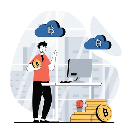 Hombre trabajando en la nube bitcoin  Ilustración