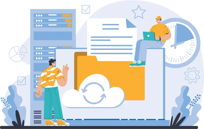 Hombre trabajando en la actualización de la carpeta en la nube  Ilustración