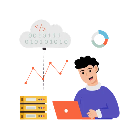 Hombre trabajando en codificación en la nube  Ilustración