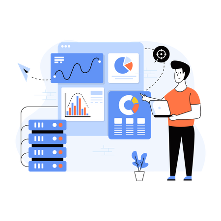 Hombre trabajando en estadísticas de datos en la nube  Ilustración