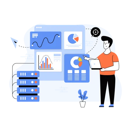 Hombre trabajando en estadísticas de datos en la nube  Ilustración