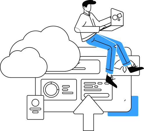 Hombre trabajando en la gestión de datos en la nube  Ilustración