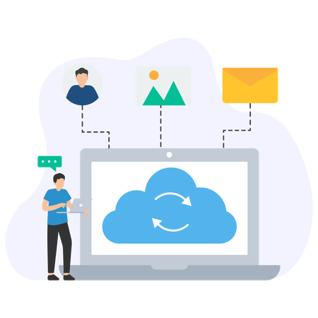 Hombre trabajando en Cloud Sync  Ilustración