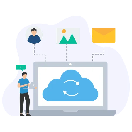 Hombre trabajando en Cloud Sync  Ilustración