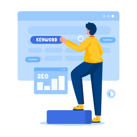 Hombre trabajando en la optimización de palabras clave  Ilustración