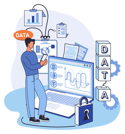 Hombre trabajando en la protección de la gestión de datos  Ilustración