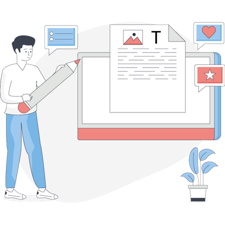 Hombre trabajando en la redacción de contenido  Ilustración