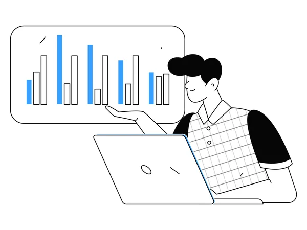 Hombre trabajando en el análisis de datos web  Ilustración