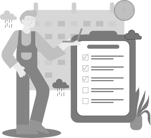Hombre trabajando en lista de verificación  Ilustración