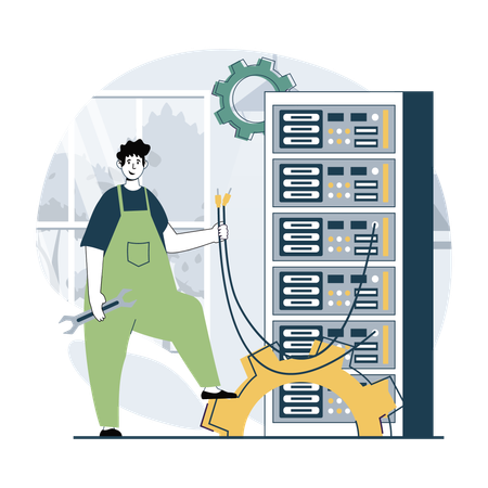 Hombre trabajando en el mantenimiento del sistema.  Ilustración