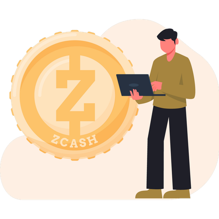 Hombre trabajando con la moneda Zcash  Ilustración