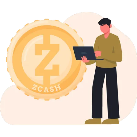 Hombre trabajando con la moneda Zcash  Ilustración