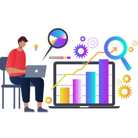 Hombre trabajando en gráfico de barras de negocios  Ilustración