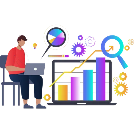 Hombre trabajando en gráfico de barras de negocios  Ilustración