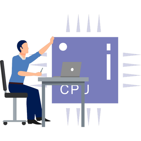 Hombre trabajando en el procesador de la CPU  Ilustración