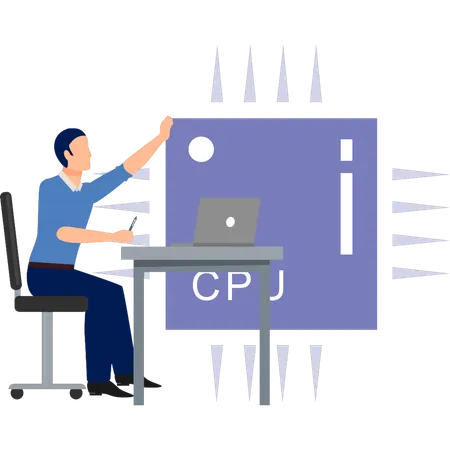 Hombre trabajando en el procesador de la CPU  Ilustración