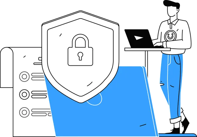 Hombre trabajando en un programa de seguridad cibernética  Ilustración