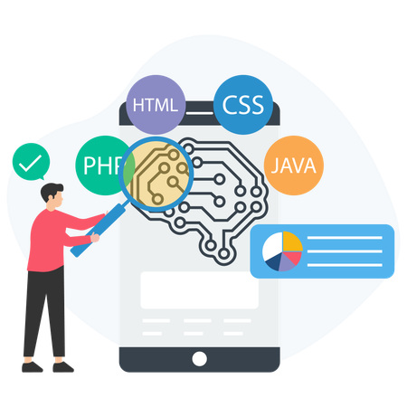 Hombre trabajando en programación de IA  Ilustración