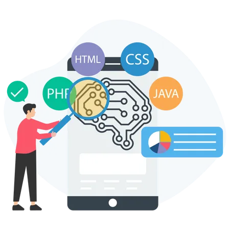 Hombre trabajando en programación de IA  Ilustración