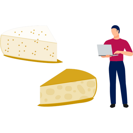 Hombre trabajando con queso en una computadora portátil  Ilustración