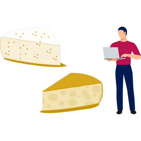 Hombre trabajando con queso en una computadora portátil  Ilustración