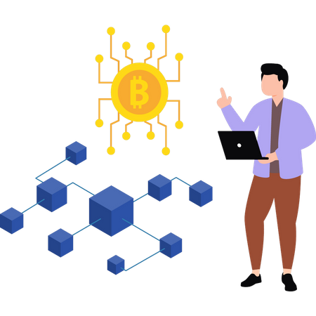 Hombre trabajando en redes bitcoin  Ilustración