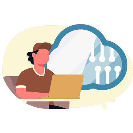 Hombre trabajando en redes en la nube  Ilustración