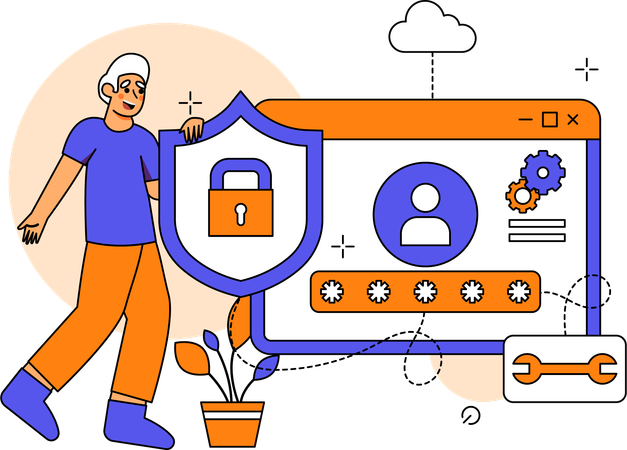 Hombre trabajando en la seguridad de aplicaciones basadas en SaaS  Ilustración