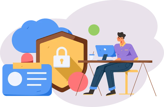 Hombre trabajando en seguridad en la nube  Ilustración