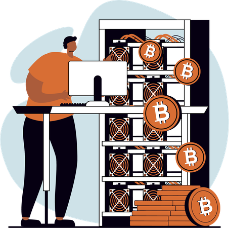 Hombre trabajando en el servidor bitcoin  Ilustración