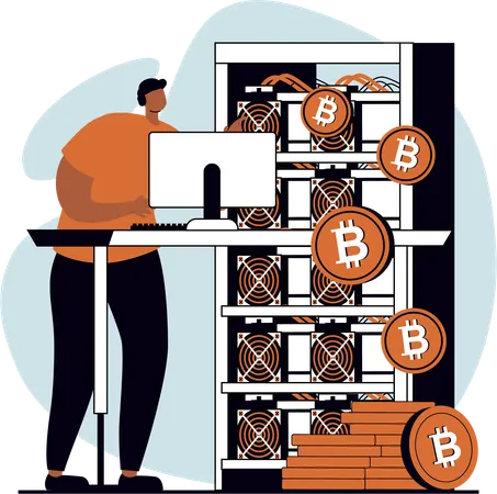 Hombre trabajando en el servidor bitcoin  Ilustración