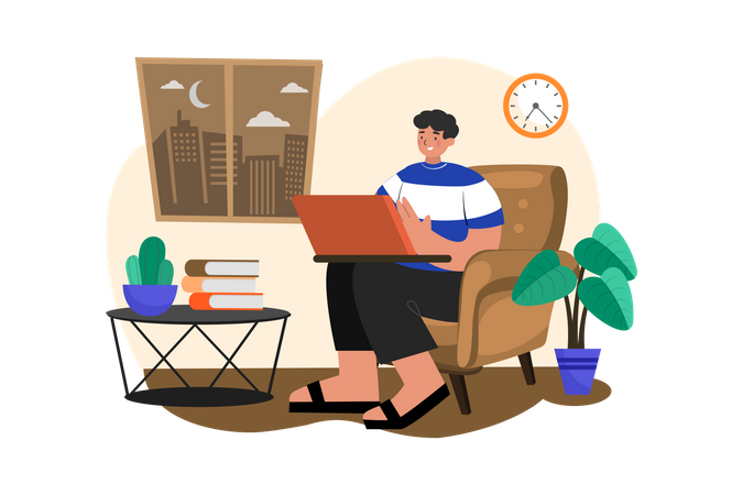 Hombre trabajando en su computadora portátil en el sofá de casa  Ilustración