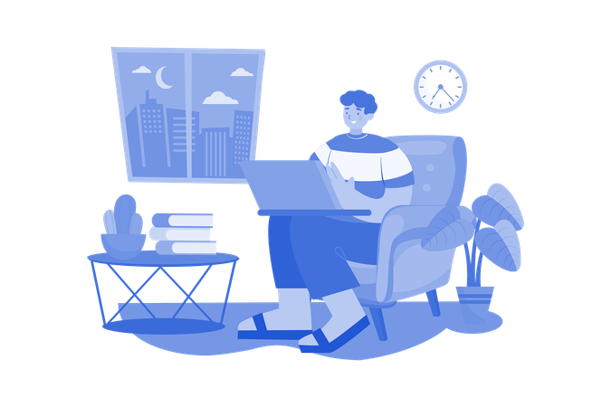 Hombre trabajando en su computadora portátil en el sofá de casa  Ilustración