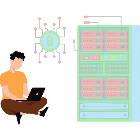 Hombre trabajando en tecnología bitcoin  Ilustración