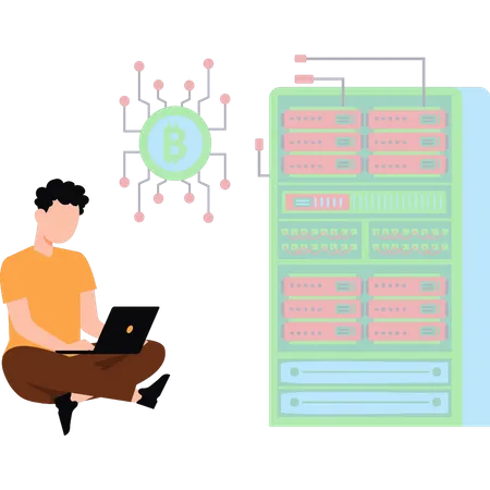 Hombre trabajando en tecnología bitcoin  Ilustración