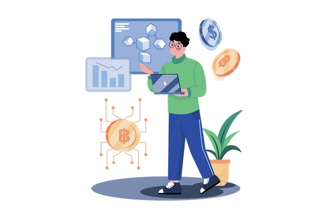 Hombre trabajando en tecnología blockchain  Ilustración