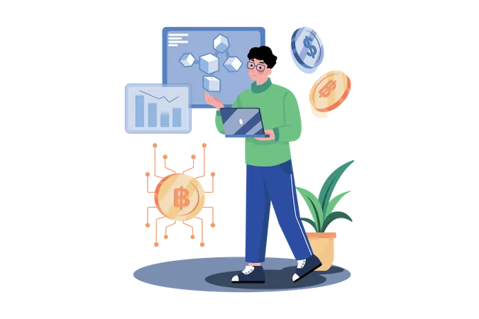 Hombre trabajando en tecnología blockchain  Ilustración