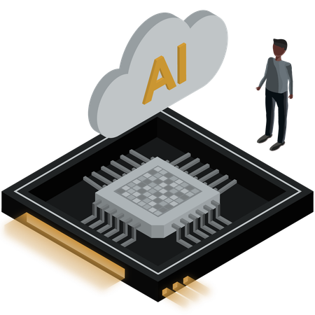 Hombre trabajando en un chip de inteligencia artificial  Ilustración