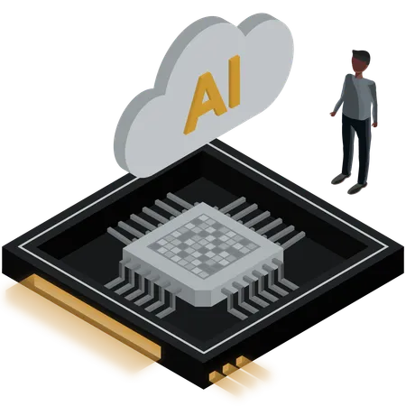 Hombre trabajando en un chip de inteligencia artificial  Ilustración