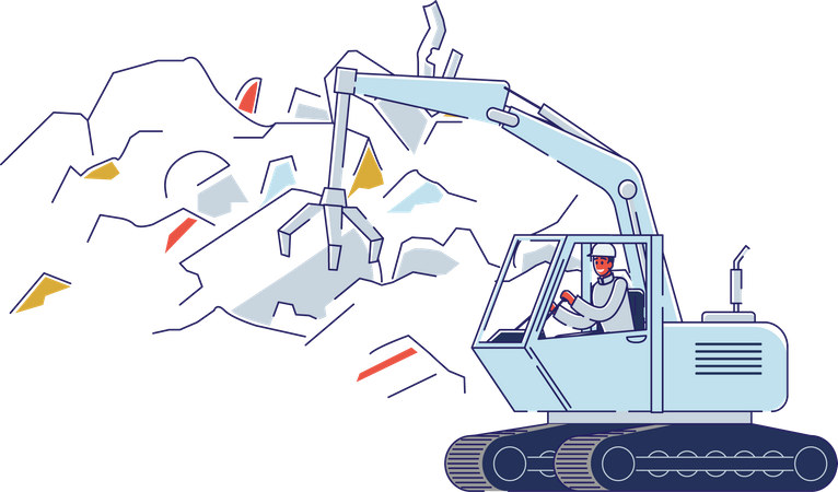 Hombre trabajando en un depósito de chatarra en una grúa con garra abierta clasificando montones de chatarra  Illustration