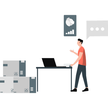 Hombre trabajando en un gráfico de negocios en una computadora portátil  Ilustración