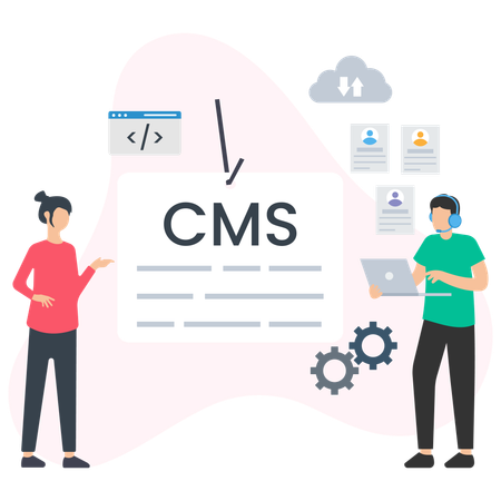 Hombre trabajando en un sistema de gestión de contenidos  Ilustración