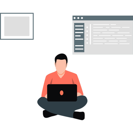 Hombre trabajando en un sitio web de código y sentado con una computadora portátil en su regazo  Ilustración