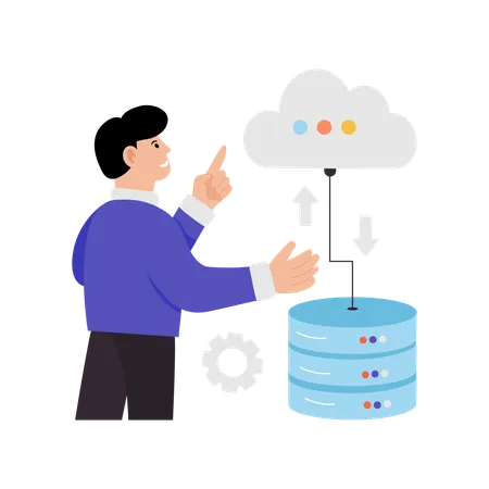 Hombre trabajando en una base de datos distribuida  Ilustración