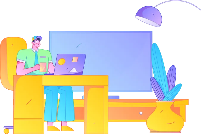 Hombre haciendo trabajo en la computadora portátil en casa  Ilustración