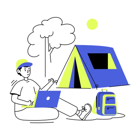 Hombre trabajando en una computadora portátil en el camping  Ilustración