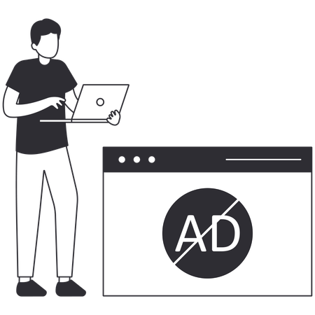 Hombre trabajando en una computadora portátil mientras bloquea AD  Ilustración
