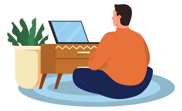 Hombre trabajando en una computadora portátil mientras está sentado en el piso  Ilustración