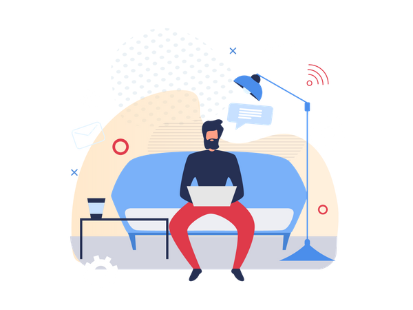 Hombre trabajando en una computadora portátil mientras está sentado en el sofá  Ilustración