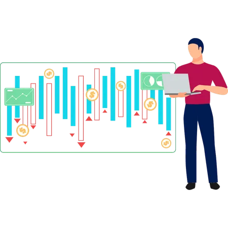 Hombre trabajando en una computadora portátil mientras realiza análisis de inversiones  Ilustración